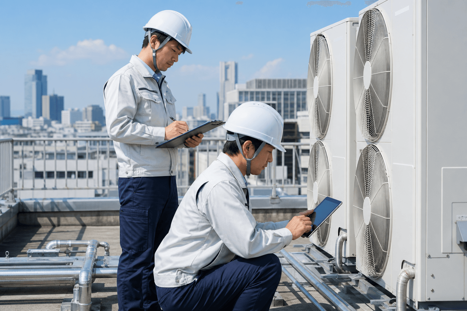 屋上空調設備を点検する建物保守の技術者