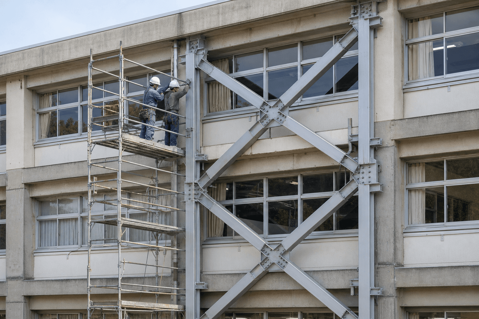 既存建物に耐震ブレースを取り付ける補強工事